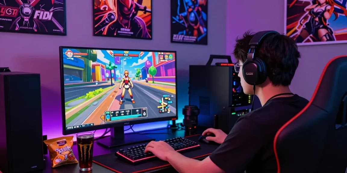 Engaging player in a 3D ecchi game with vibrant colors, gaming setup, and atmosphere