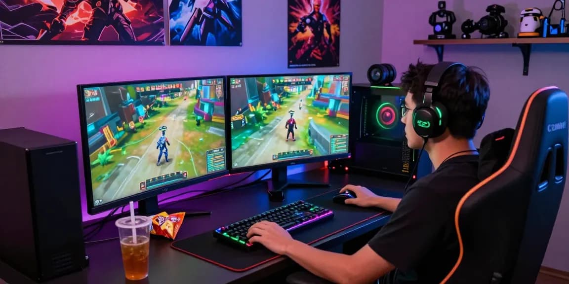 Gamer terjun4d fokus bermain di lingkungan permainan 4D yang dinamis dengan grafis cerah dan banyak layar.