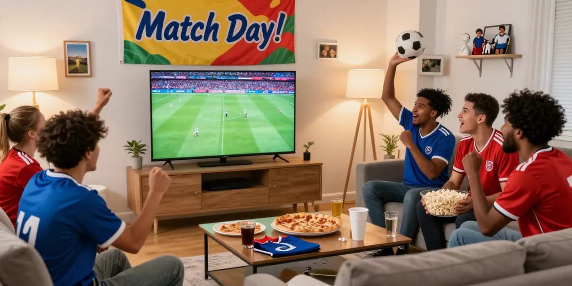 Exciting live soccer match viewing party at home with fans enjoying snacks, representing ihdsports.com.