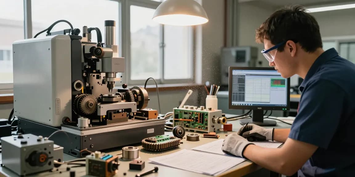 Technician inspecting the depo 5000 machine in a well-lit industrial workshop, demonstrating precision and expertise.