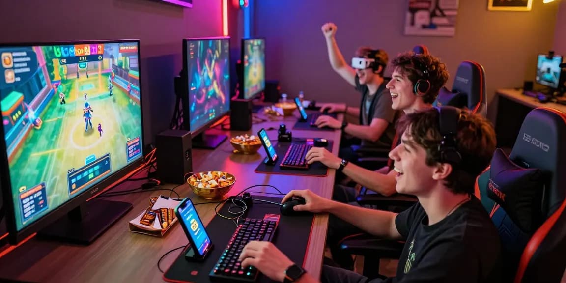 Friends enjoying a fun gaming night with luck-33 app on multiple devices.