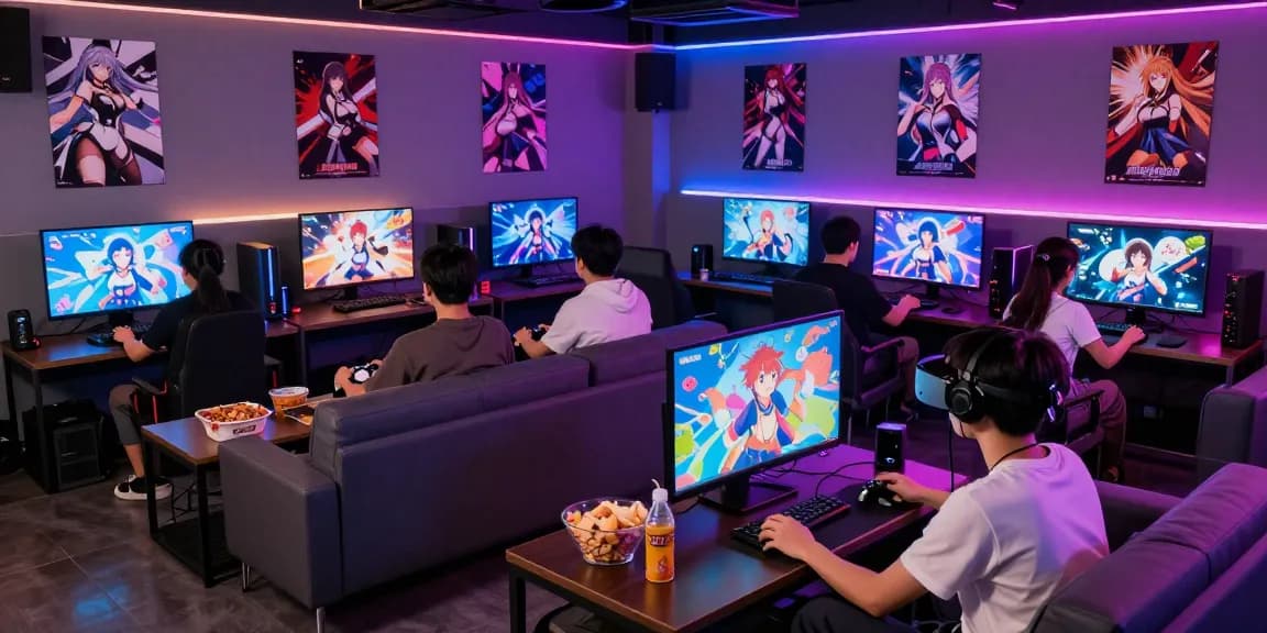 Players enjoying hentai games in a vibrant gaming lounge with colorful graphics and snacks.