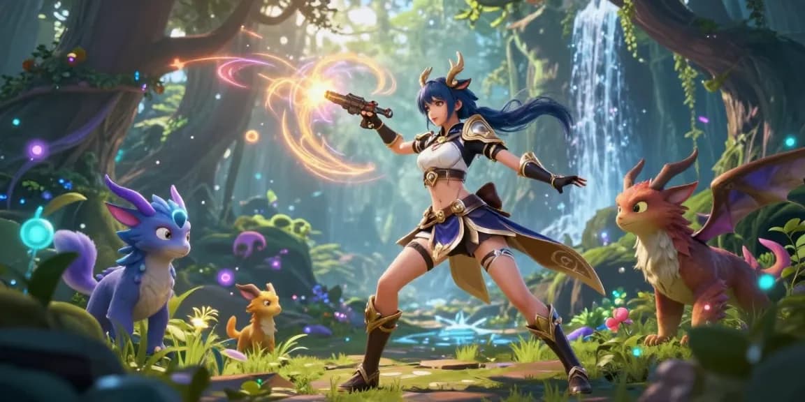 Female hentai game scene with a strong female protagonist in an enchanted forest, engaging in a fantasy RPG battle.