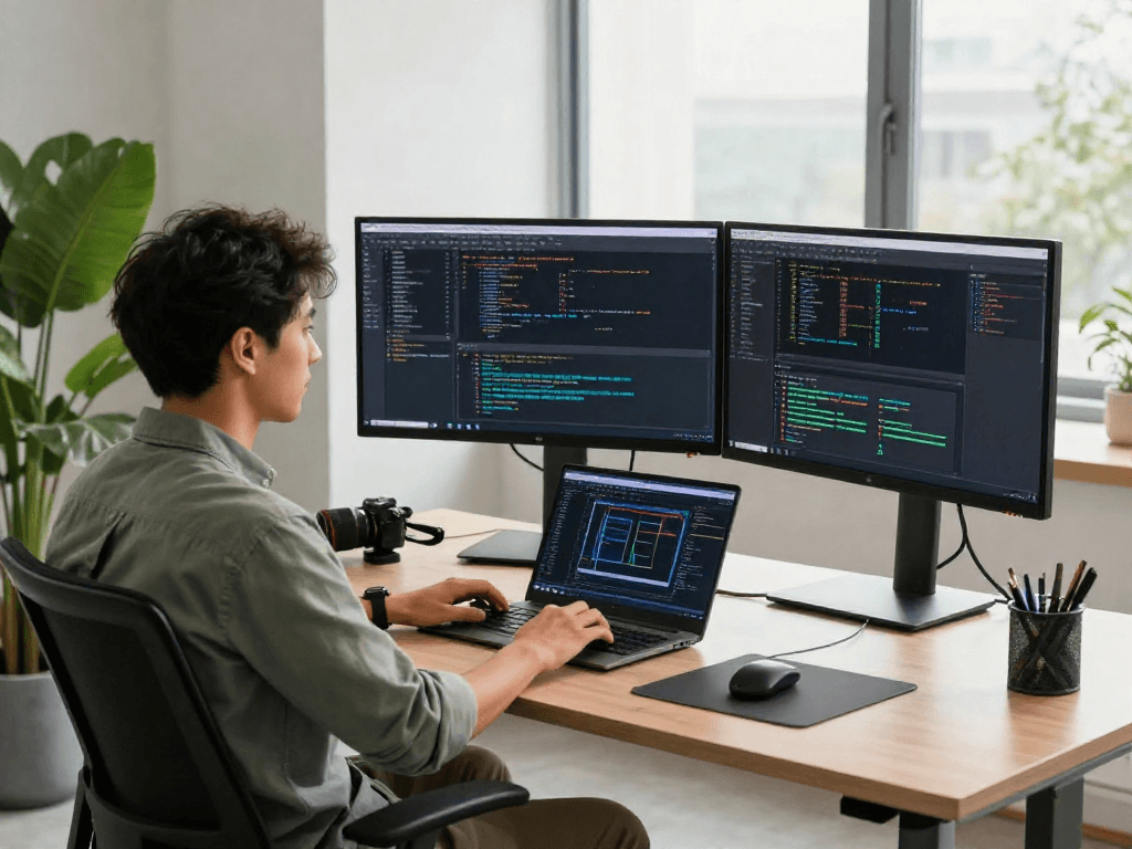 Developer berkonsentrasi pada coding wifi4d di ruang kerja modern dengan cahaya alami.
