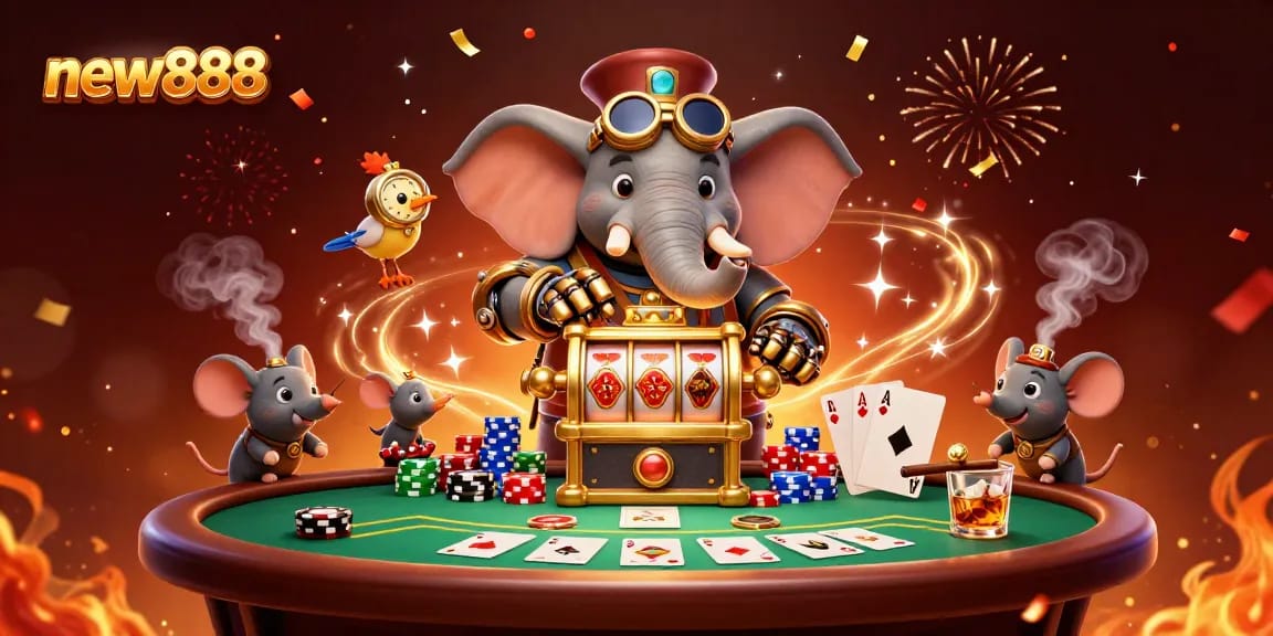 Spin new888's vibrant slot machine with steampunk characters surrounded by poker chips and mystical effects.