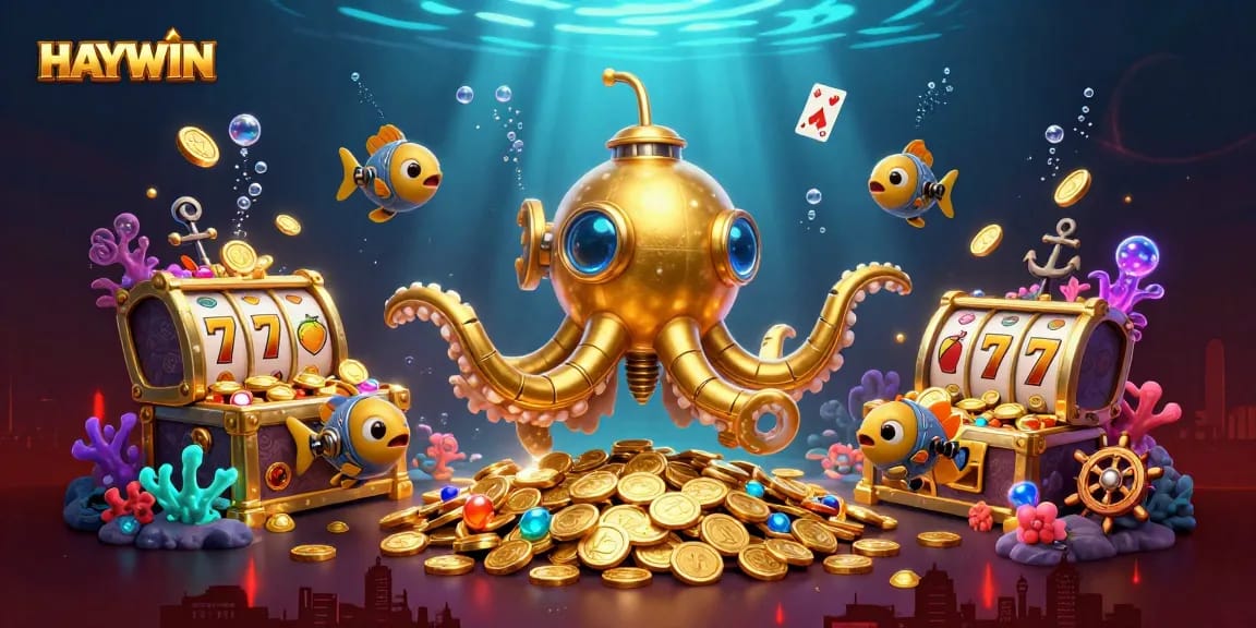 HAYWIN showcases a vibrant underwater-themed casino scene with golden kraken and slot reels for gamers.