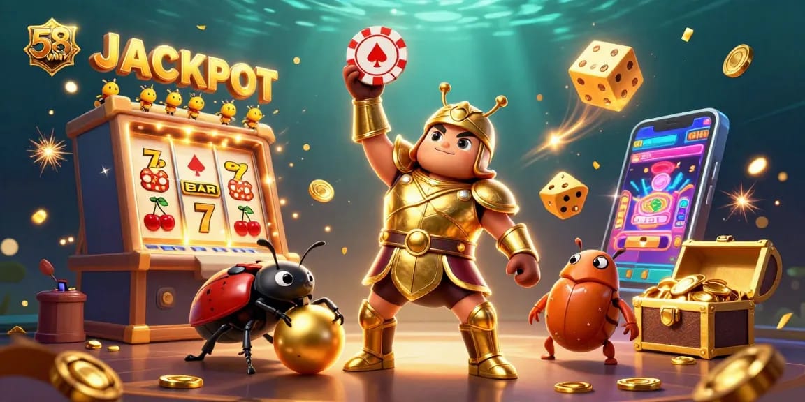 Engage with 58win's thrilling jackpot scene featuring dynamic casino elements and vibrant characters.