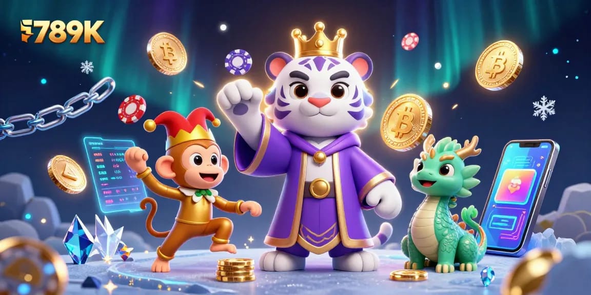 Engage with exciting gaming elements at 789K, featuring a lively 3D scene with characters and vibrant casino symbols.