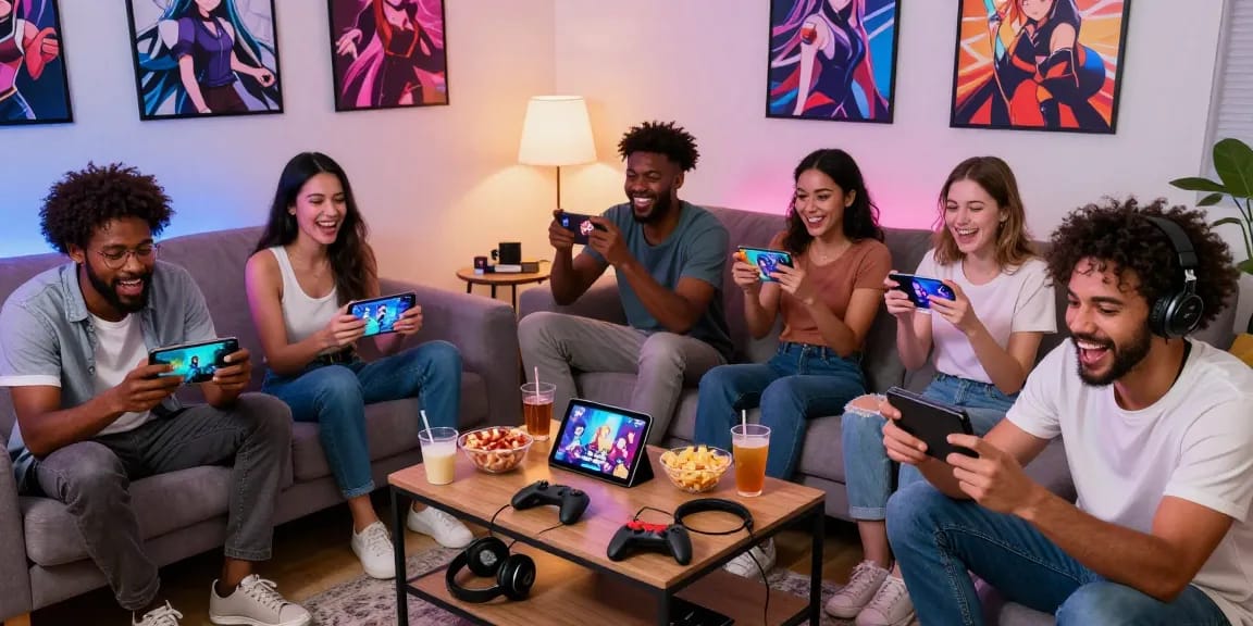 Gamers enjoying hentai games on tablets in a cozy living room.