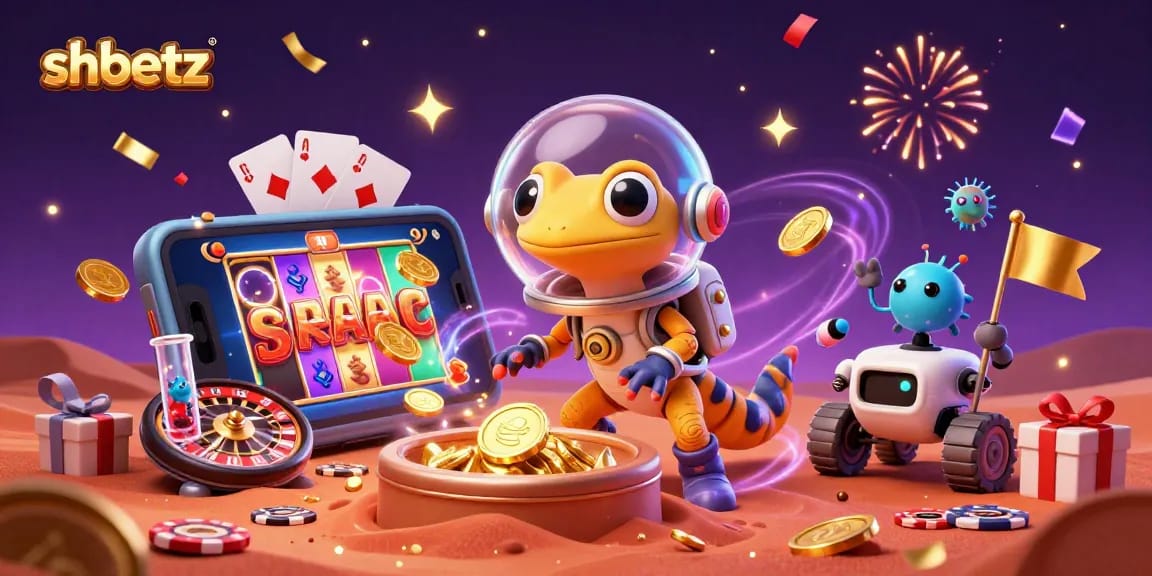 Join the excitement at shbetz as a Martian gecko explores a golden casino filled with thrilling games!