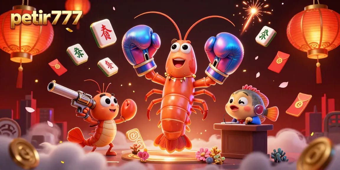 Engage with the action at petir777 gaming with vibrant shrimp characters surrounded by casino elements.