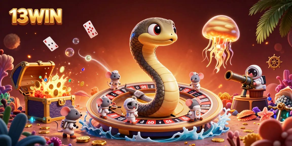 Experience thrilling betting with 13WIN in a vibrant cosmic casino scene with playful astronaut mice.