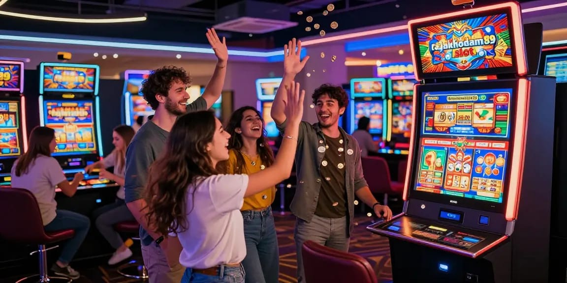 Group celebrating a win at rajakhodam89 slot machine in a vibrant casino.