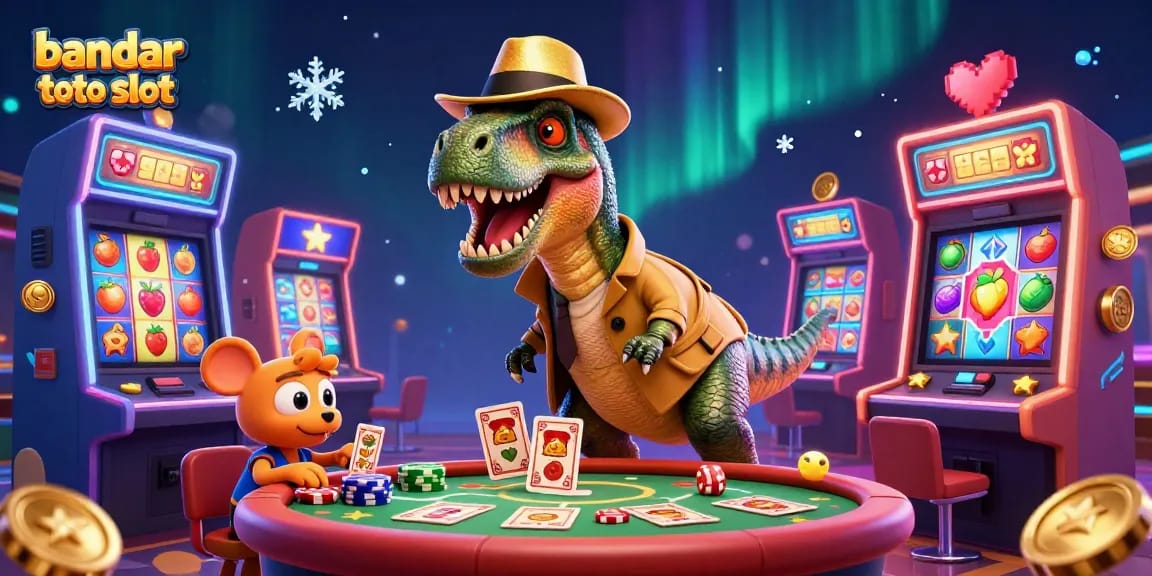 Engage with bandar toto slot excitement featuring a velociraptor at the slot machine in a colorful casino scene.