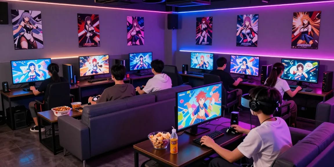 Players enjoying hentai games in a vibrant gaming lounge with colorful graphics and snacks.
