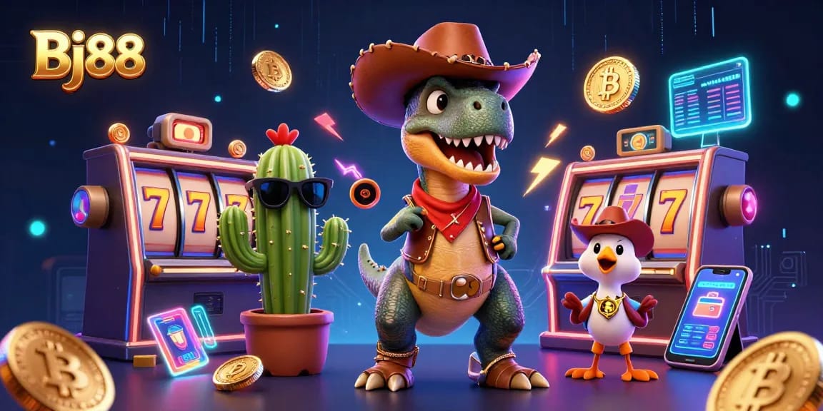 Experience thrill at Bj88 with 3D characters in a dynamic casino scene featuring slot reels and glowing crypto coins.