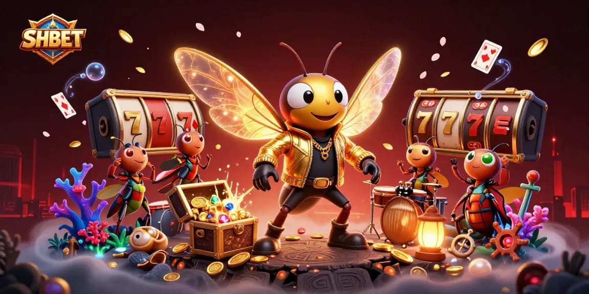 Experience the excitement of SHBET with a dynamic casino scene featuring animated characters and vibrant gaming elements.