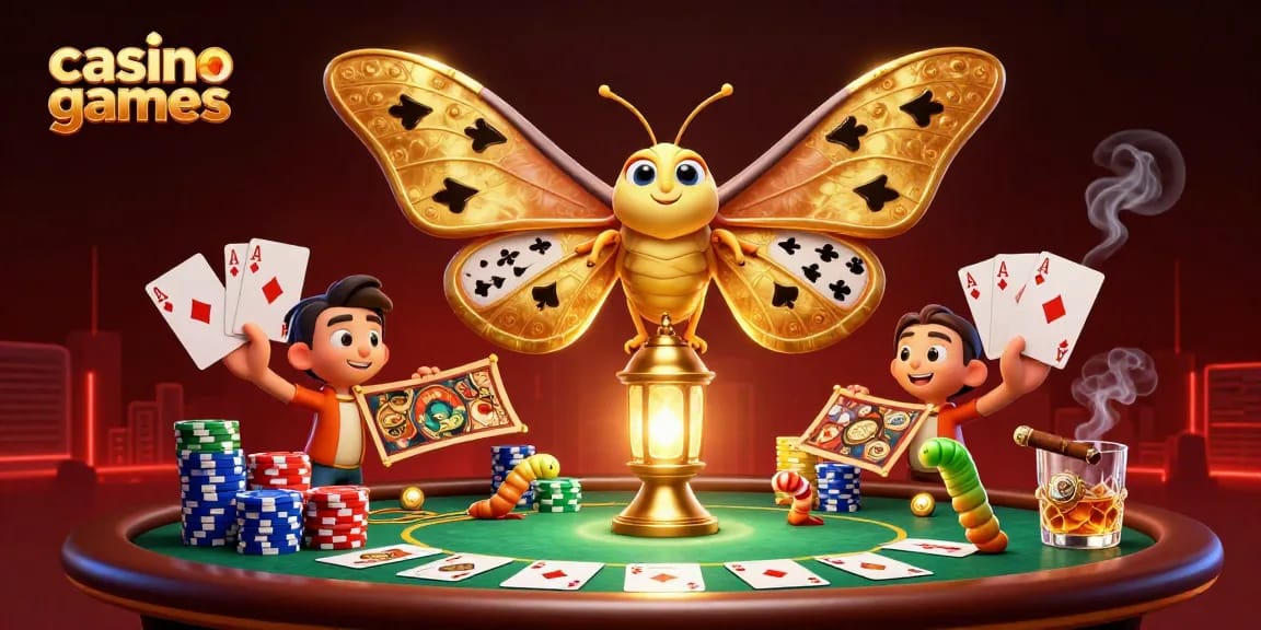 Engage in casino games with a vibrant scene of poker elements and a majestic atlas moth.