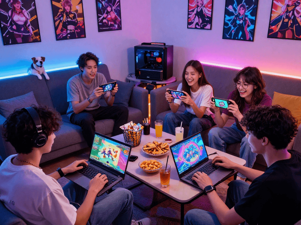 Friends enjoying hentai games in a cozy gaming lounge atmosphere, showcasing vibrant screens and snacks.