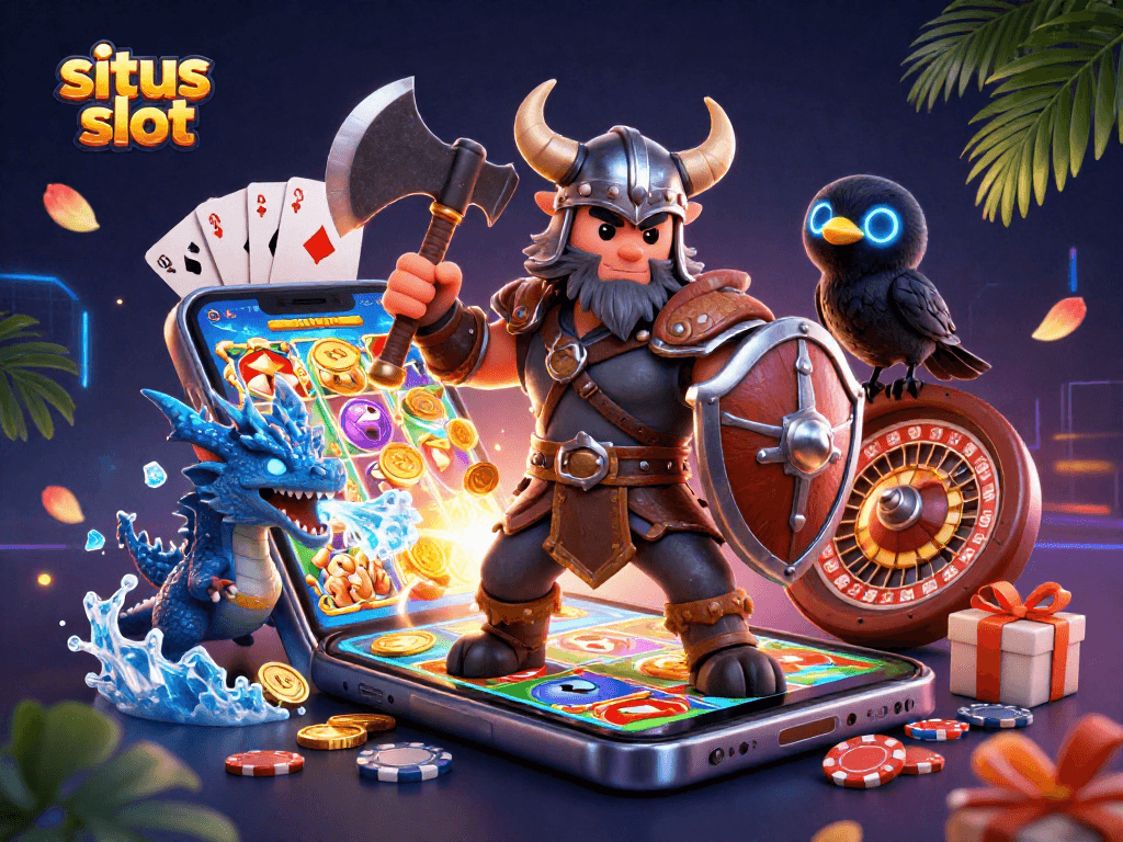 Bermain situs slot dengan karakter Viking, naga, dan burung gagak dalam ilustrasi menarik dan penuh warna.
