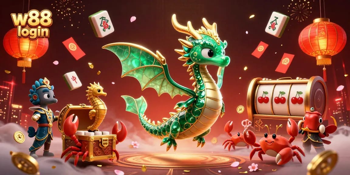 Experience the excitement of W88 login with vibrant dragon and slot machine elements in this dynamic illustration.
