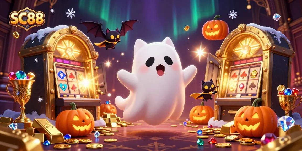 Engaging SC88 casino adventure with a ghost cat, vampire bat, and glowing jack-o-lanterns.