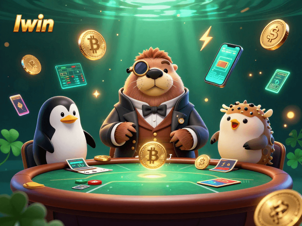 Iwin delivers thrilling casino action as a walrus plays poker in a vibrant underwater setting.