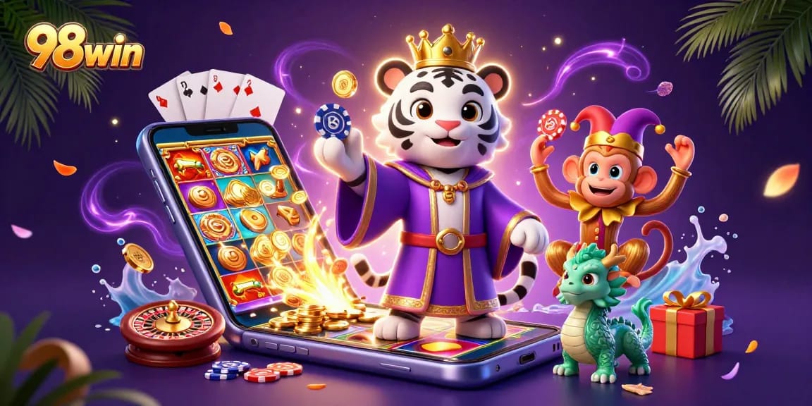 Experience thrilling slots and jackpots at 98win with vibrant characters and casino elements.