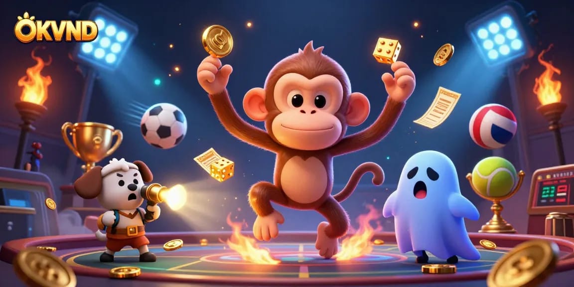 Engage in thrilling gaming fun with OKVND's haunted casino, featuring dynamic golden elements and energetic characters.