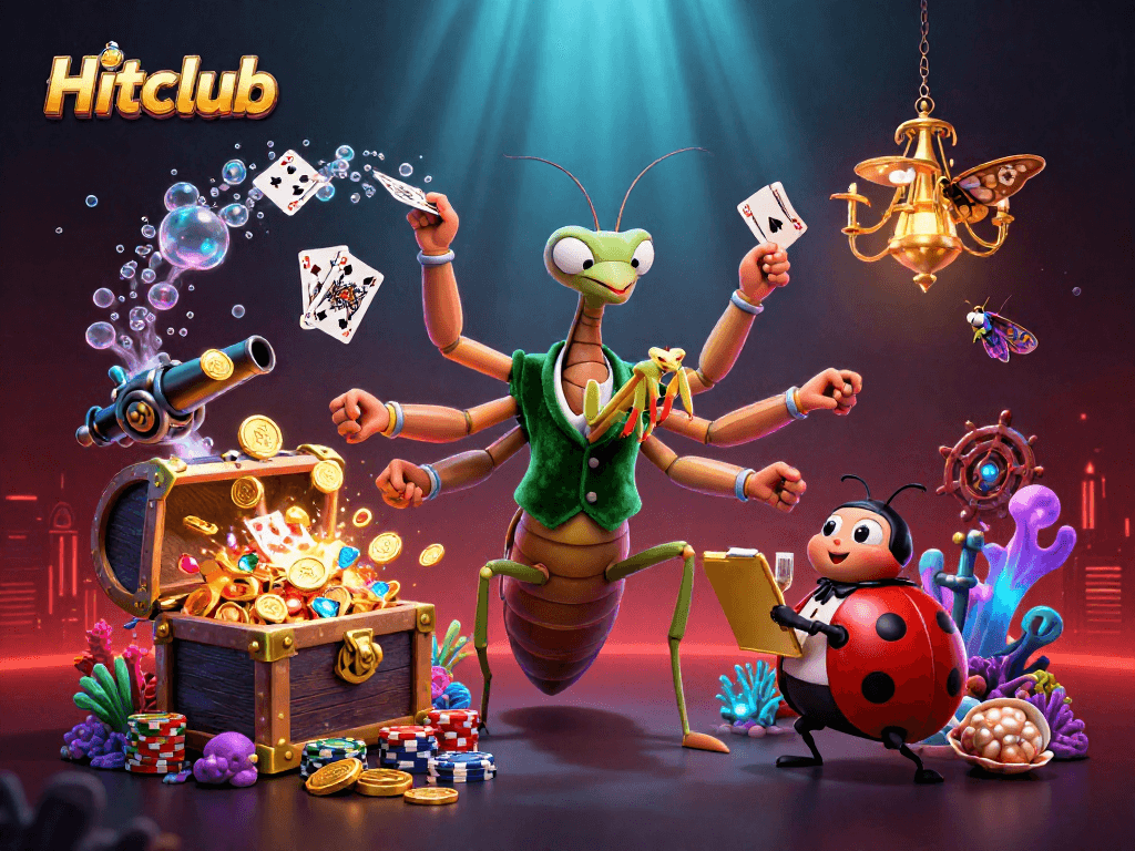 Hitclub characters engage in casino activities surrounded by dazzling treasures.