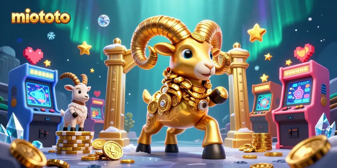 Win big with miototo using a massive golden ram in a dazzling casino illustration.