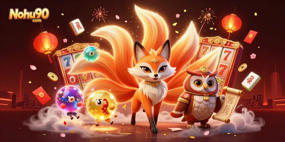 Nohu90 com gaming illustration showcasing vibrant slot elements and mystical characters in a dynamic online casino setting.
