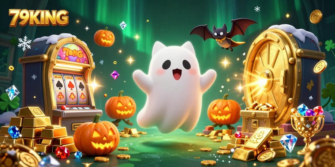 Experience the thrill of winning at 79KING with a magical scene featuring a ghost cat in a casino.