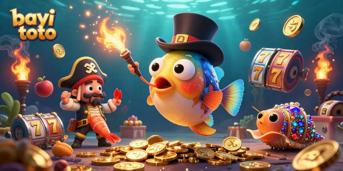 Bayi toto showcases a treasure-filled underwater scene with an anglerfish and shrimp attracting coins.