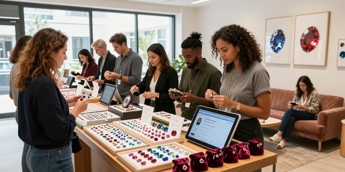 Shoppers exploring high-quality gemstones at https://www.mygemspot.com, showcasing vibrant displays and friendly service.