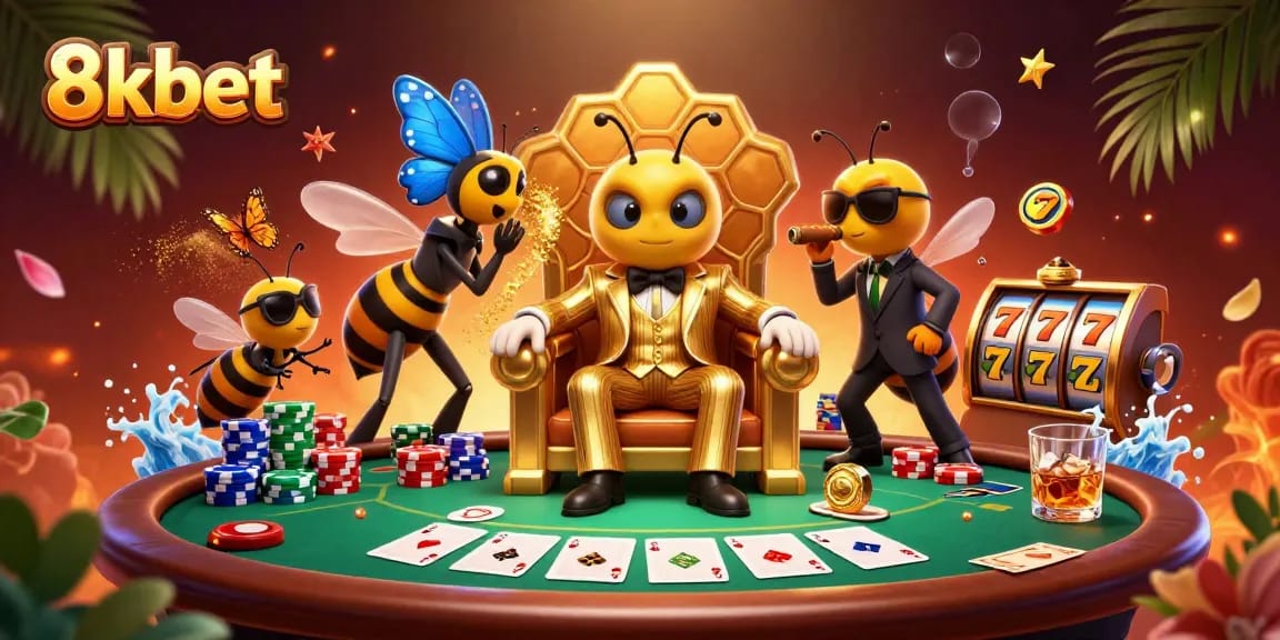 Engage in thrilling poker action with 8xbet's unique casino atmosphere, showcasing dynamic characters and vibrant game elements.