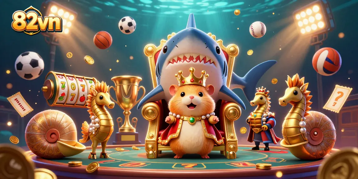 Engage in thrilling casino action with 82vn, featuring a golden hamster king amidst dynamic gambling elements.