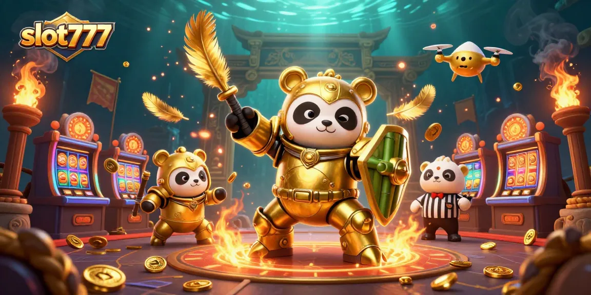 Taruhan slot777 dengan panda emas bertema kasino yang ceria dan slot yang mengkilap.