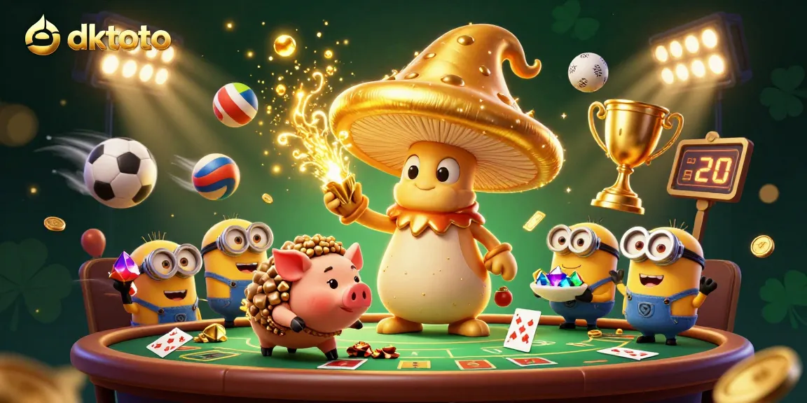 Play baccarat at dktoto featuring golden wizard characters and casino elements in a vibrant scene.