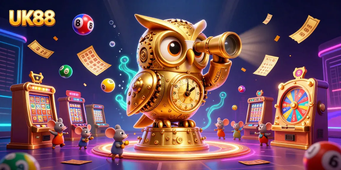 Join the fun at UK88 with vibrant lottery balls and a golden owl surveying the thrilling casino atmosphere.
