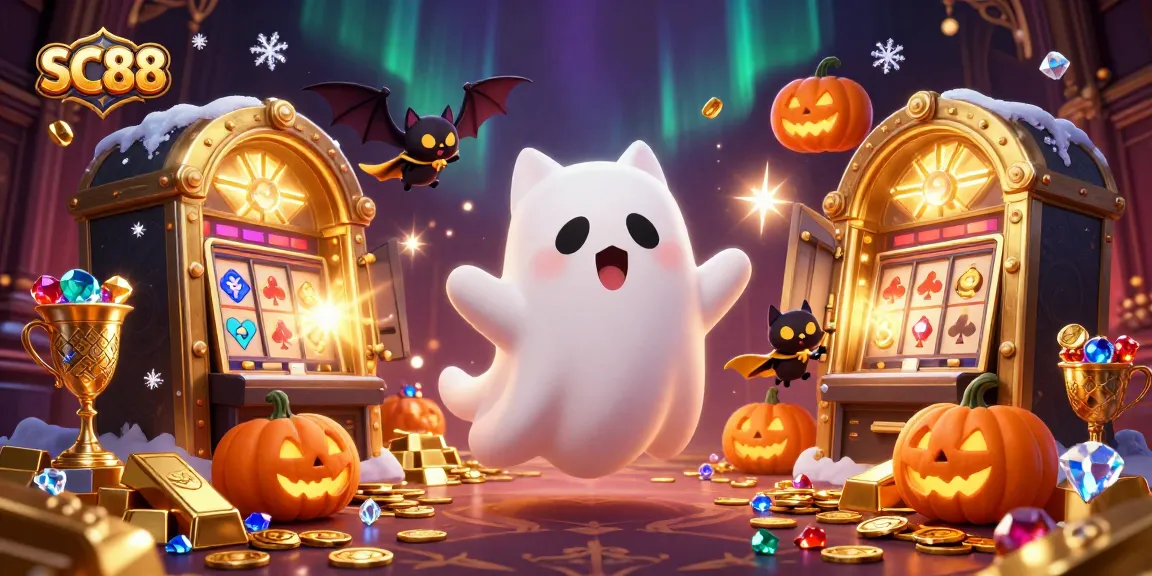 Engaging SC88 casino adventure with a ghost cat, vampire bat, and glowing jack-o-lanterns.
