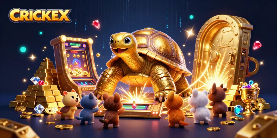 Experience CRICKEX's thrilling gaming scene with a vibrant pinball tortoise surrounded by treasure.