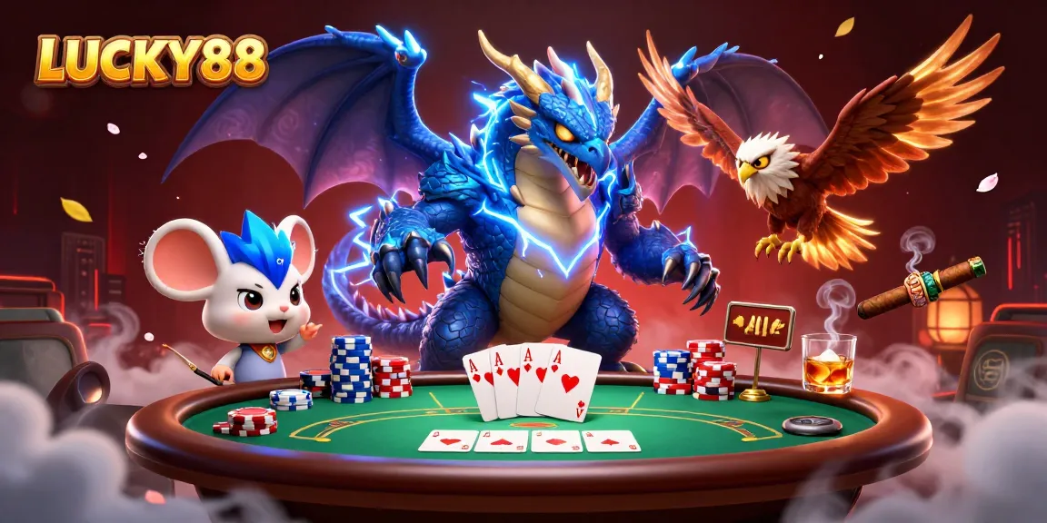 LUCKY88's vibrant casino scene showcases poker action with colorful chips and characters.
