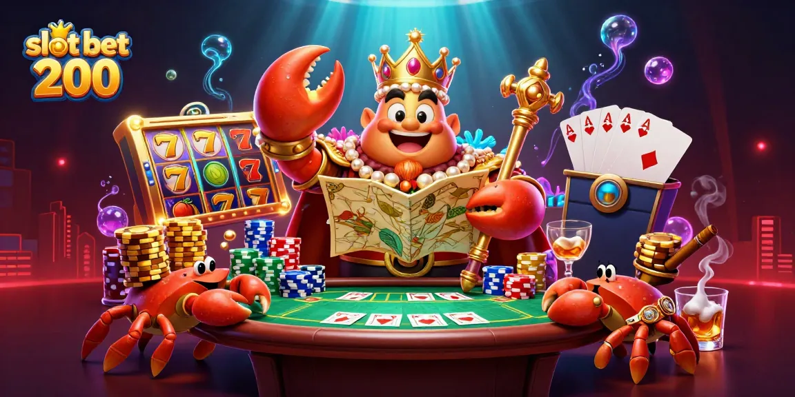 Engage in slot bet 200 strategies with an emperor crab and his treasure in a vibrant casino scene.