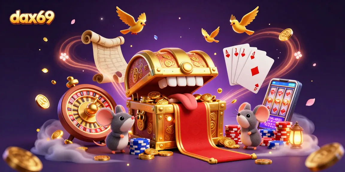 Dax69 menarik pemain dengan peti harta karun dan simbol kasino yang memikat.