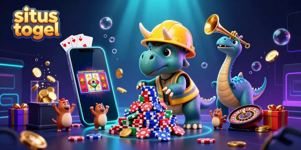 Engaging illustration of situs togel with a triceratops building poker chips, showcasing colorful casino elements.