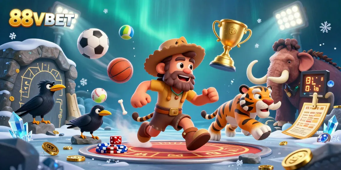 Experience the thrill of 88VBET with a dynamic 3D casino scene featuring caveman characters and sports elements.