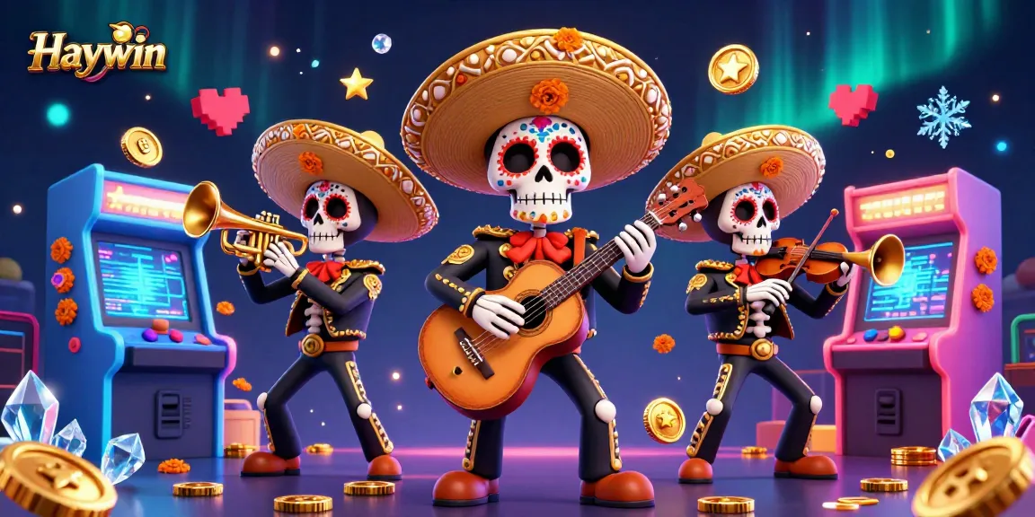 Experience Haywin's engaging atmosphere with vibrant mariachis and retro gaming elements in this casino illustration.