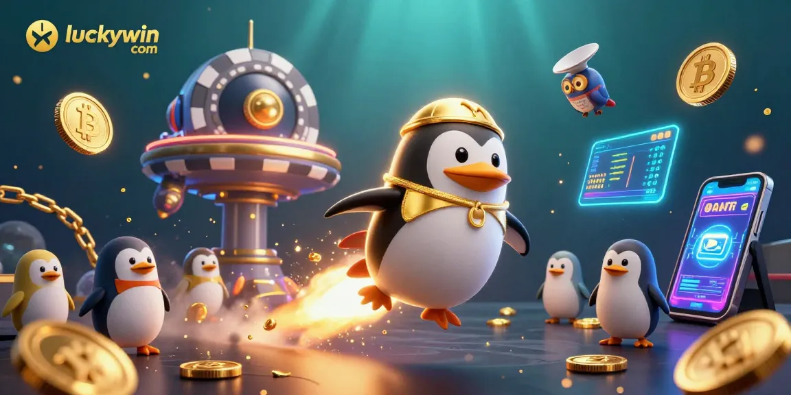 Experience winning strategies at luckywin com with dynamic 3D illustration of a golden penguin in a vibrant casino space.