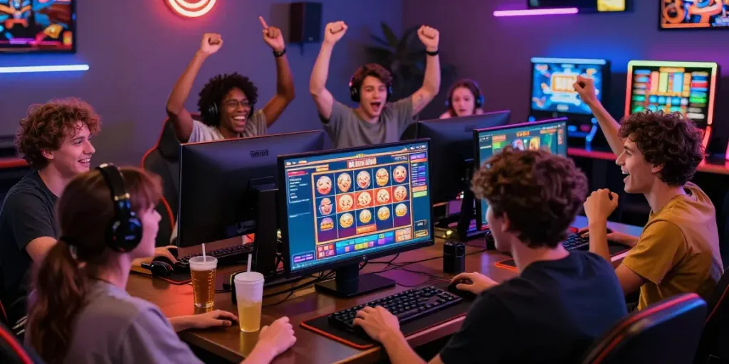 Group of friends excitedly celebrating a big win playing raja slot online, showcasing vibrant gaming atmosphere.
